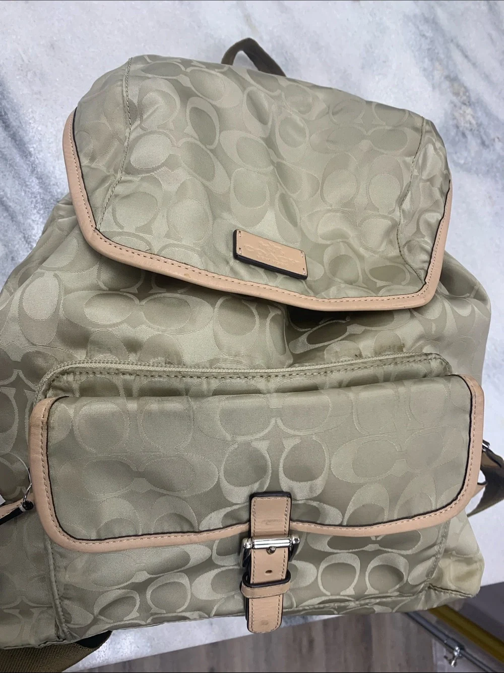 Coach Beige Signature Nylon Backpack with Natural Leather Trim